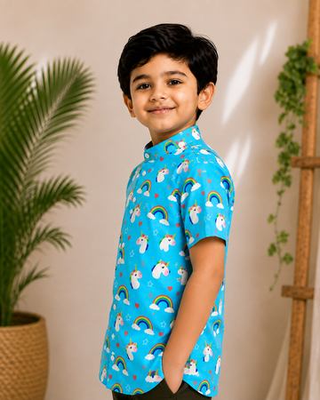 (BC003) Boys Blue Unicorn Rainbow Print Mandarin Collar Cotton Shirt