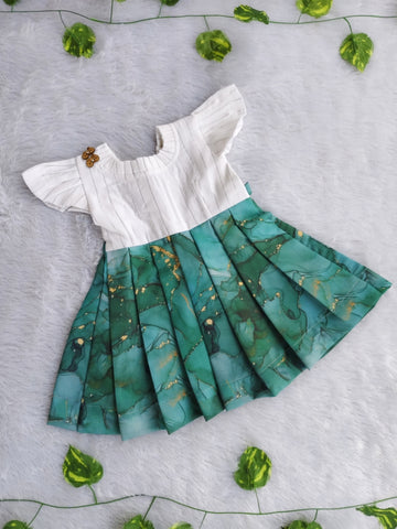 (CF001) Kids White & Green Marble Print Cotton Dress