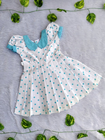 (CF003) Girls White Polka Dot Cotton Flared Dress with Blue Collar