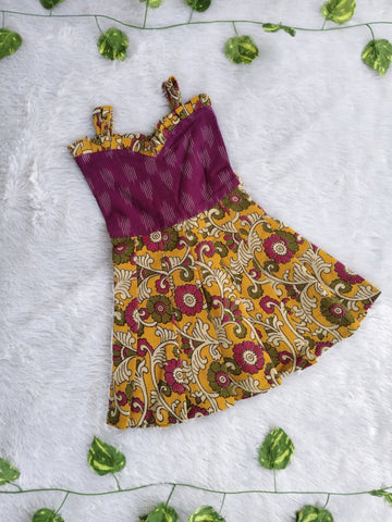 (CF002) Girls Floral Print Cotton Dress – Mustard & Maroon