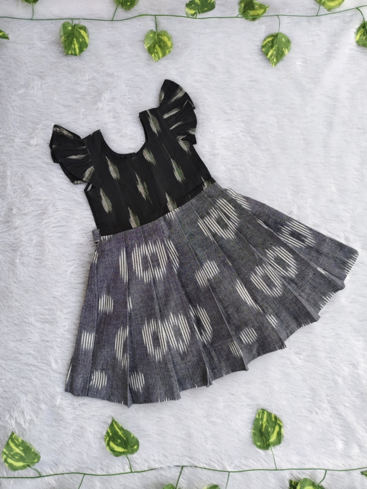 (CF005) Girls Black Grey Printed Cotton Flared Dress