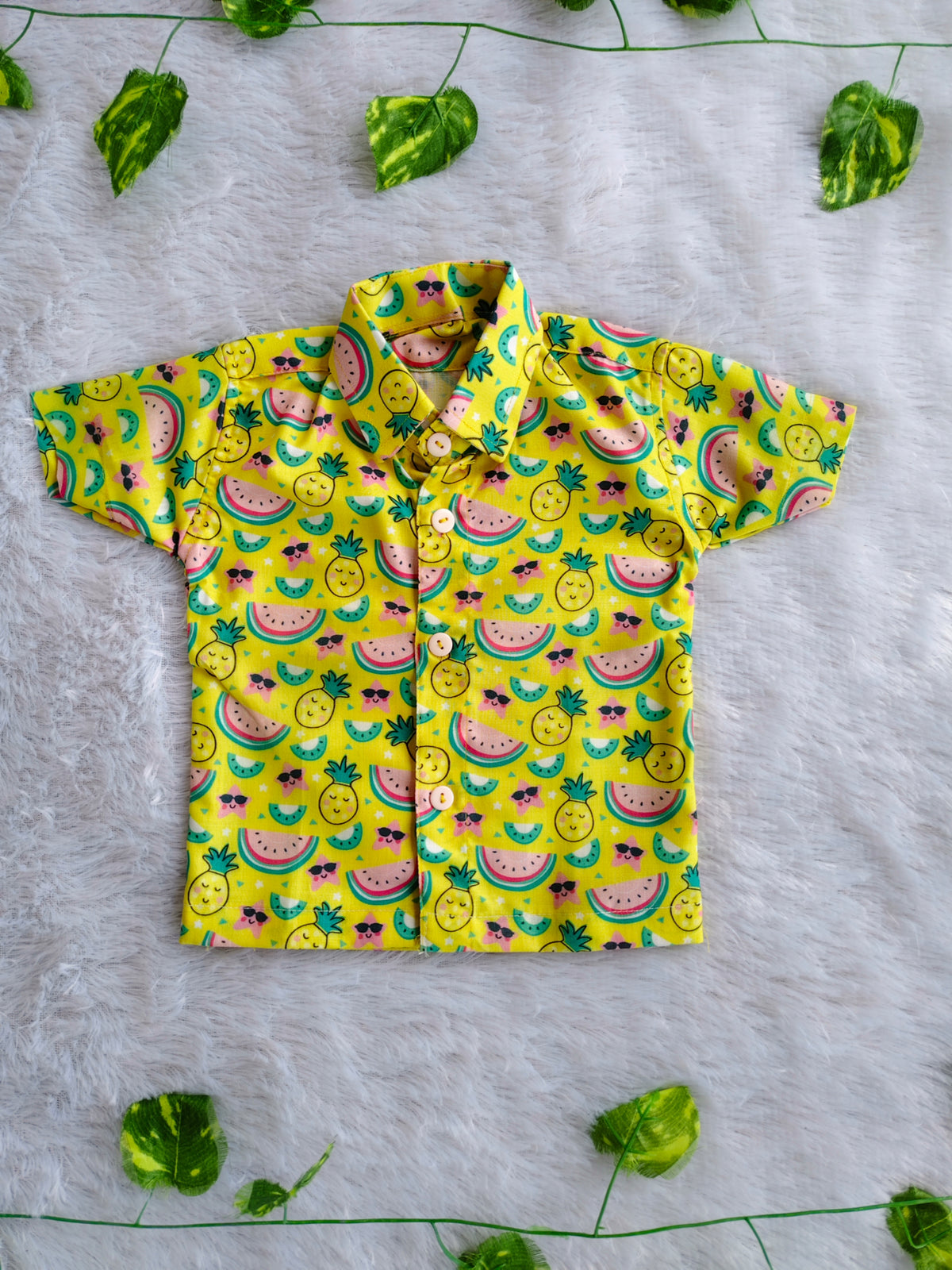 (BC002) Boys Casual Yellow Printed Half Sleeve Cotton Shirt