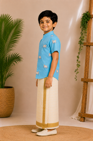 (BE001) Boys Pichwai Print Mandarin Collar Shirt with Veshti Set