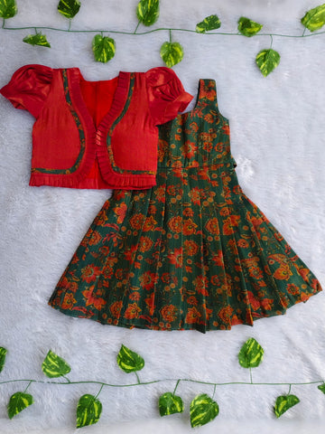 (ETFC002) Girls Floral Party Wear Cotton Dress with Red Cropped Jacket