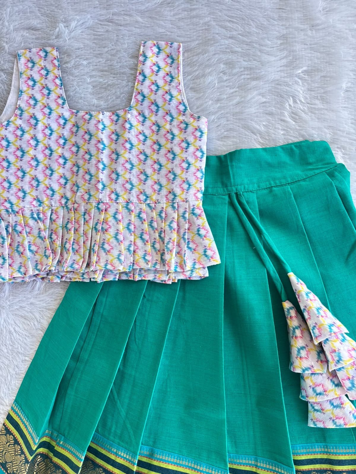 (CTS024) Multi-Color Abstract Ikat Printed Peplum Top with Emerald Green Pleated Skirt Co-ord Set