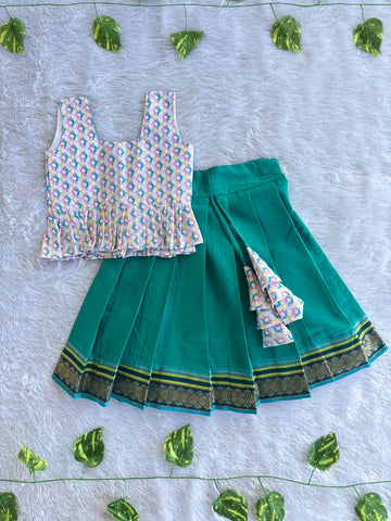 (CTS024) Multi-Color Abstract Ikat Printed Peplum Top with Emerald Green Pleated Skirt Co-ord Set