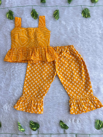 (CTP020)Mustard Yellow Geometric Floral Printed Peplum Top with Ruffled Trousers Co-ord Set