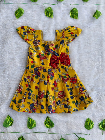 (CF015) Mustard Yellow and Multicolor Traditional Floral Print Frock with Bow Accent