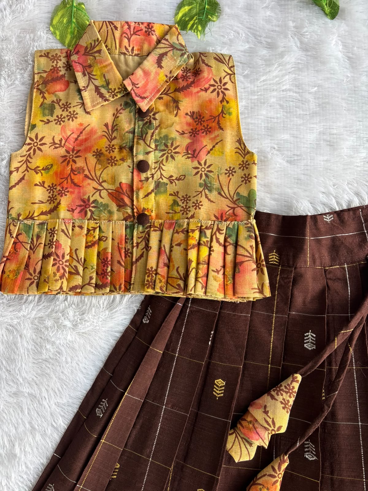 (ETTS053) Autumn Floral Peplum Top with Brocade Lehenga Skirt Set