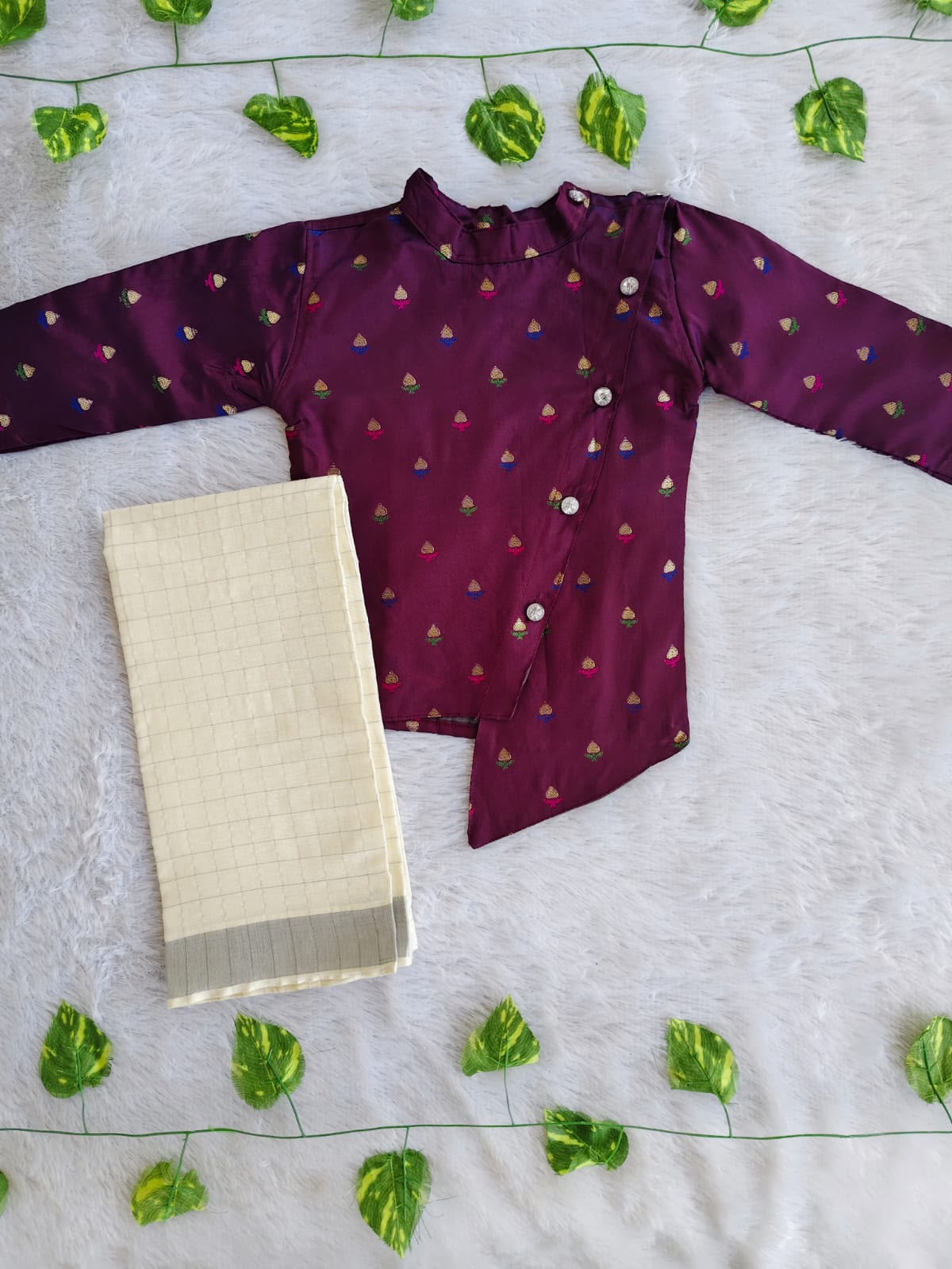 (BE012) Elegant Deep Purple Ethnic Set with Asymmetric Shirt and Traditional Veshti
