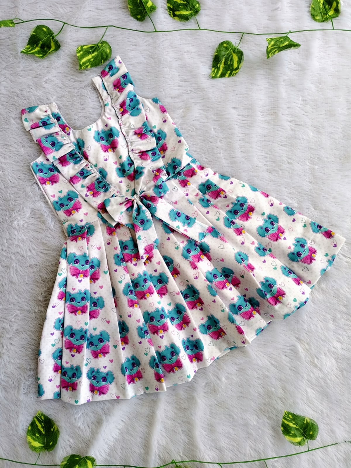 (CF007) Playful Koala Print Frock with Ruffled Straps and Bow Accent