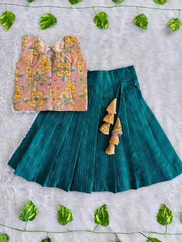(ETTS002) Sequence and Raw Silk Girls Top & Skirt Set