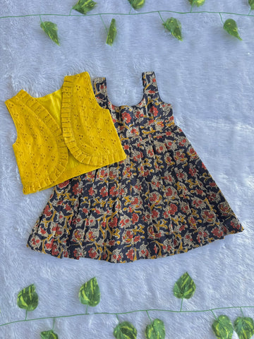 (CFC003)Dark Navyblue Kalamkari Floral Girls' Dress with Yellow Hakoba Jacket