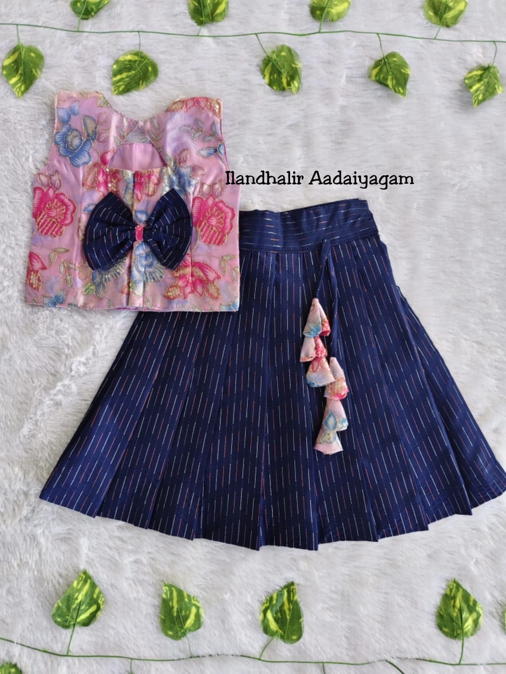 (ETTS003) Girls Ethnic Raw Silk Top & Skirt Set