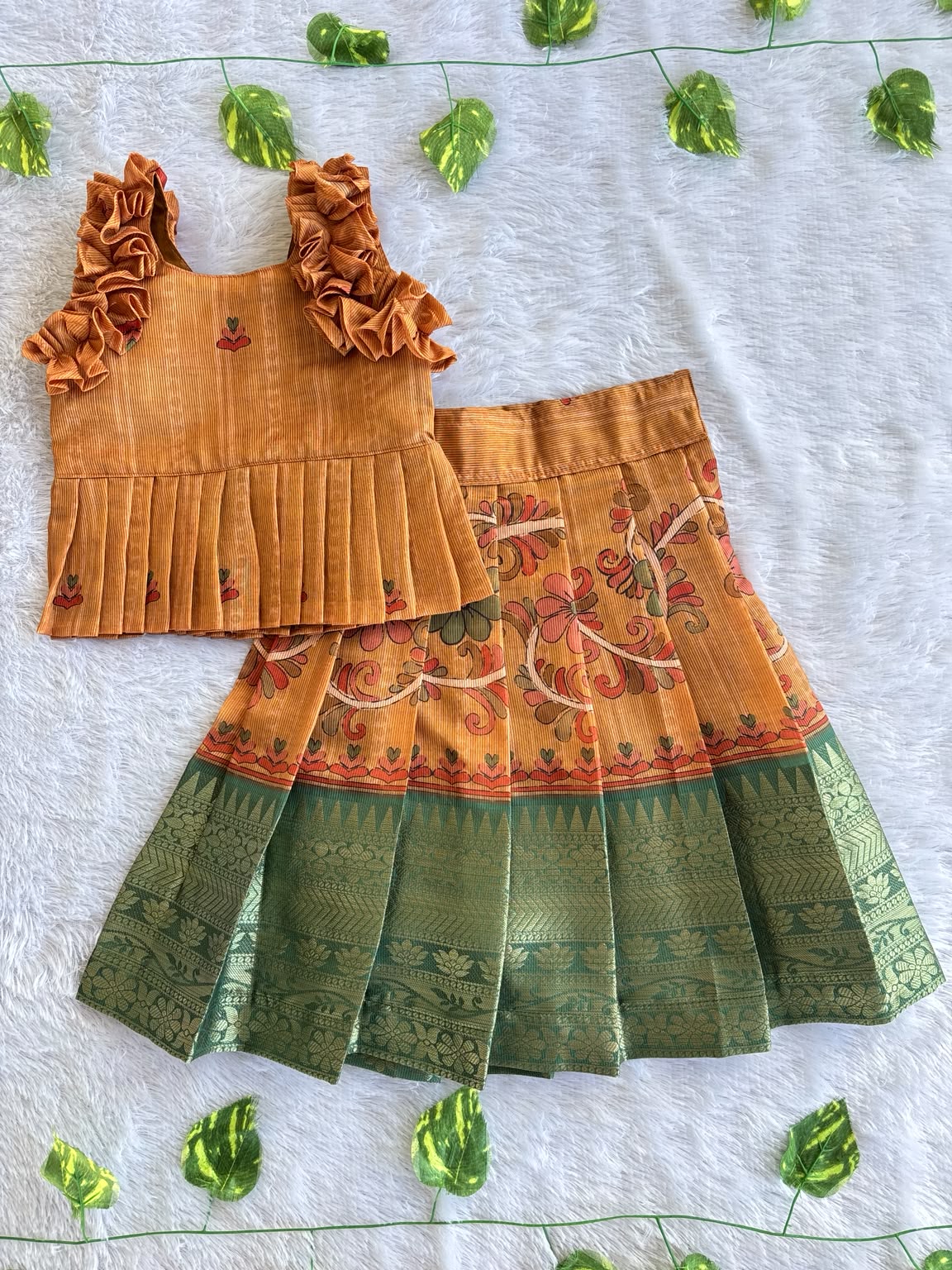 (ETTS049) Vibrant Mustard and Forest Green Ruffled Kalamkari Skirt Set