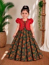 (ETFC002) Girls Floral Party Wear Cotton Dress with Red Cropped Jacket