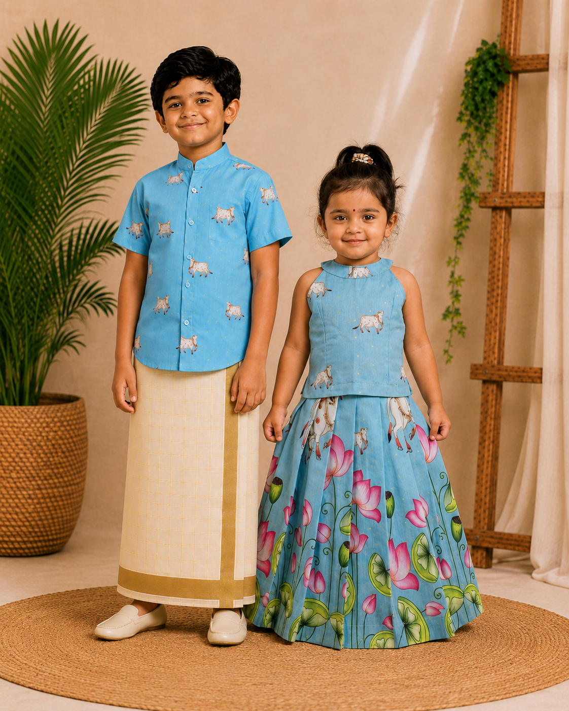 (SCE002) Sky Blue Pichwai Printed Traditional Sibling Combo Set