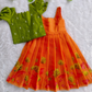 (ETFC001) Girls Orange Floral Cotton Dress with Green Puff Sleeve Jacket
