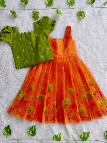 (ETFC001) Girls Orange Floral Cotton Dress with Green Puff Sleeve Jacket