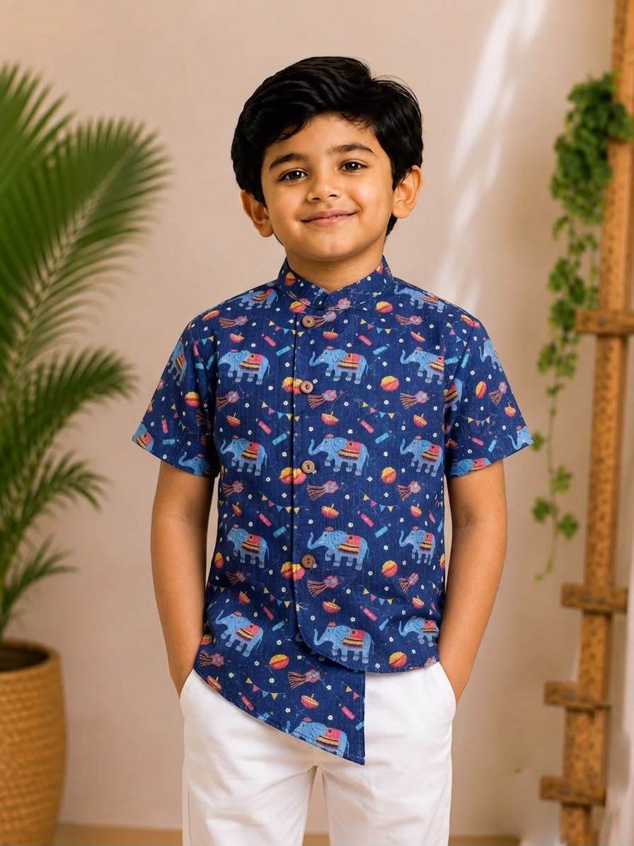 (BC006) Festive Elephant Print Asymmetrical Shirt