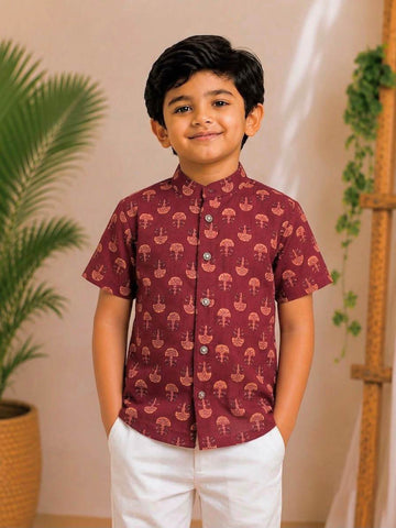 (BC007) Maroon Traditional Motif Boy's Shirt