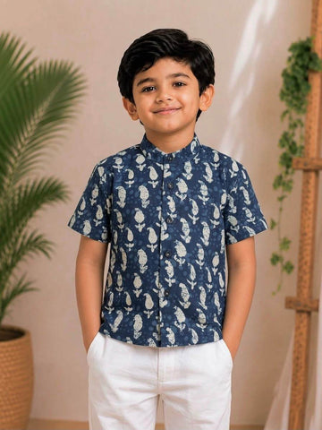 (BC008)Classic Indigo Botanical Boy's Shirt