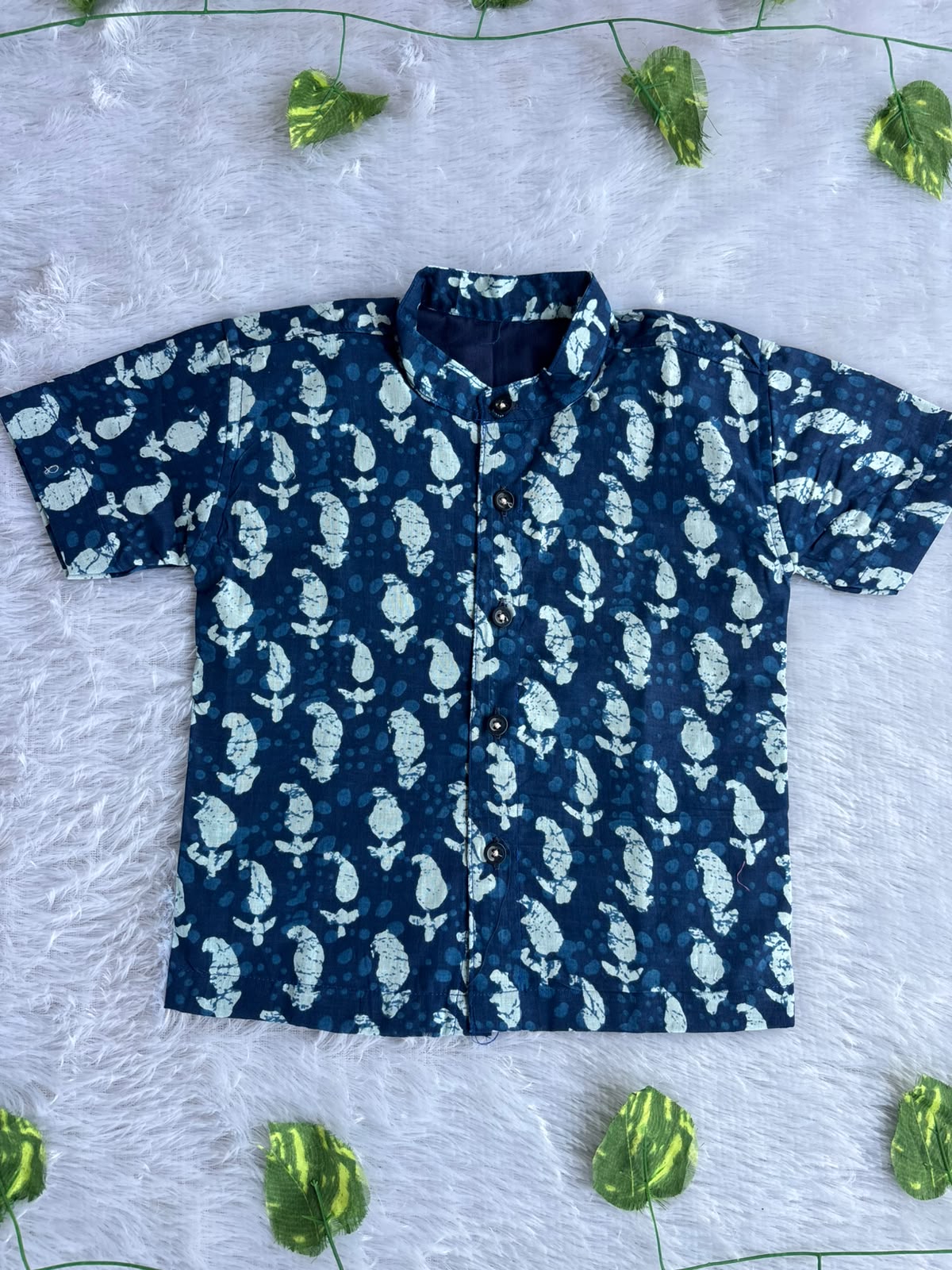 (BC008)Classic Indigo Botanical Boy's Shirt