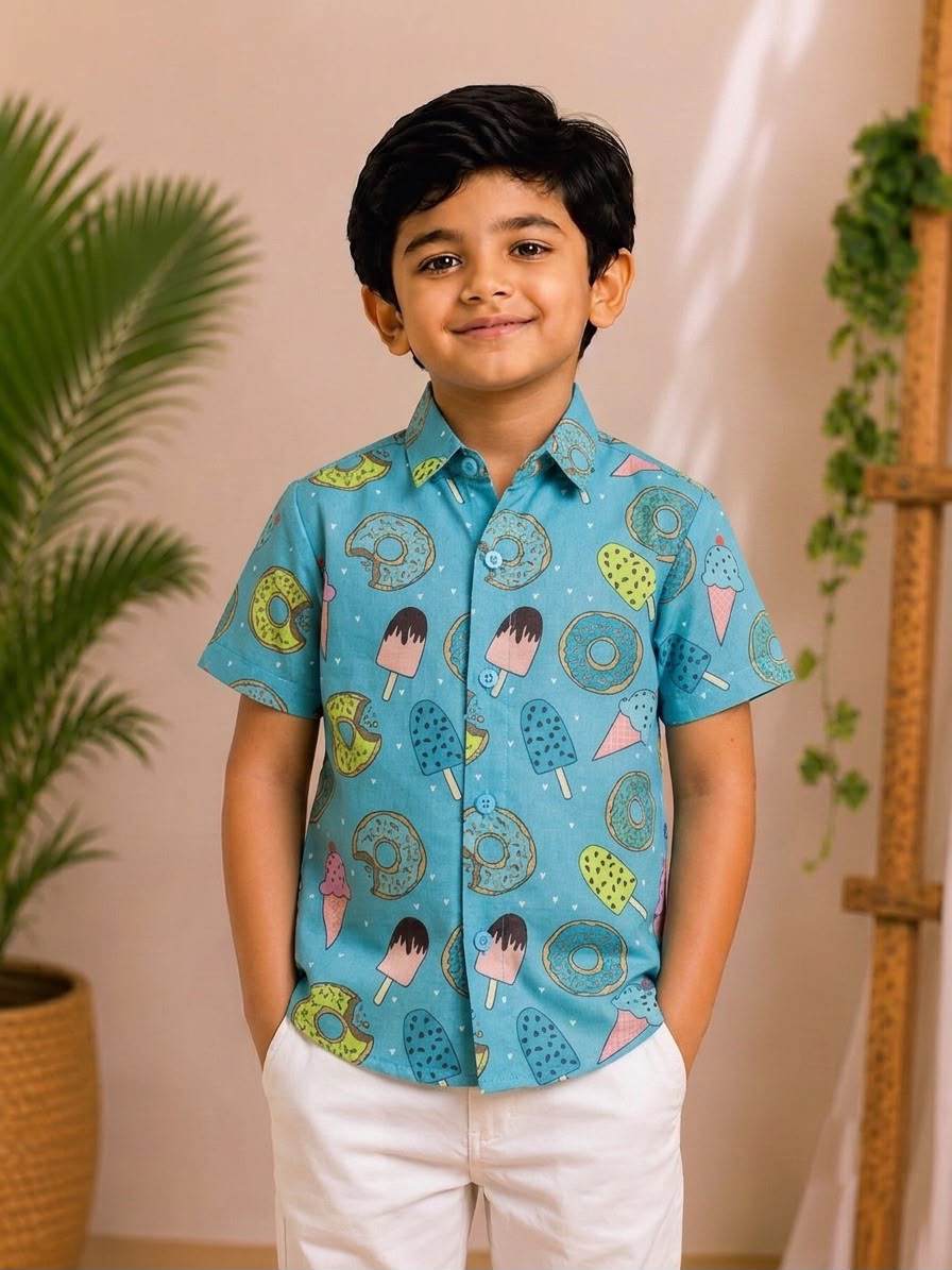 (BC010)Playful Donut Print Boys' Casual Shirt