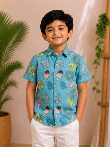 (BC010)Playful Donut Print Boys' Casual Shirt