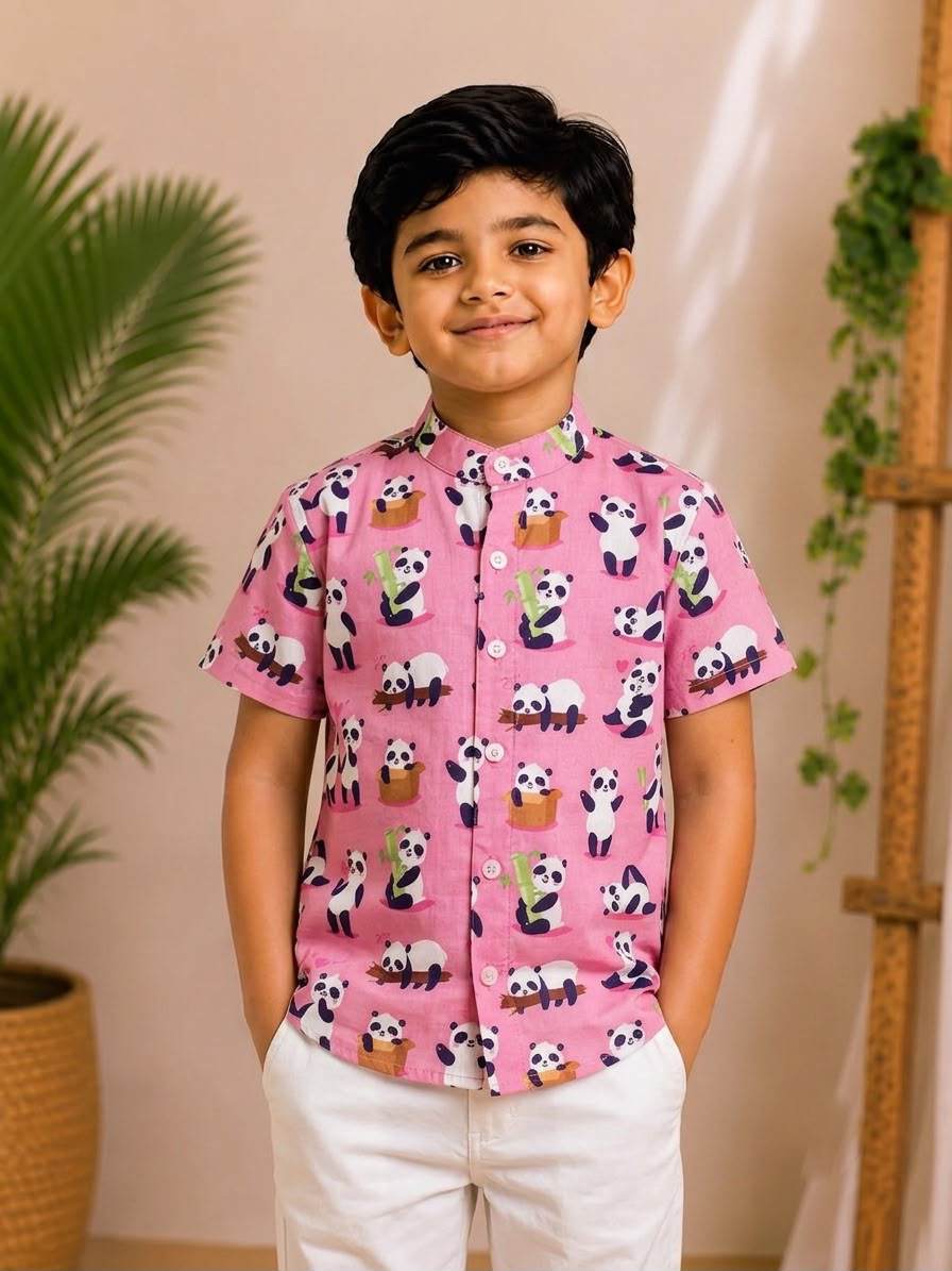 (BC011)Cute Panda Print Boys' Casual Shirt