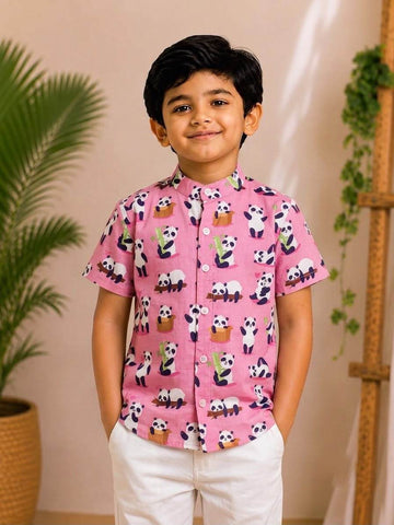 (BC011)Cute Panda Print Boys' Casual Shirt