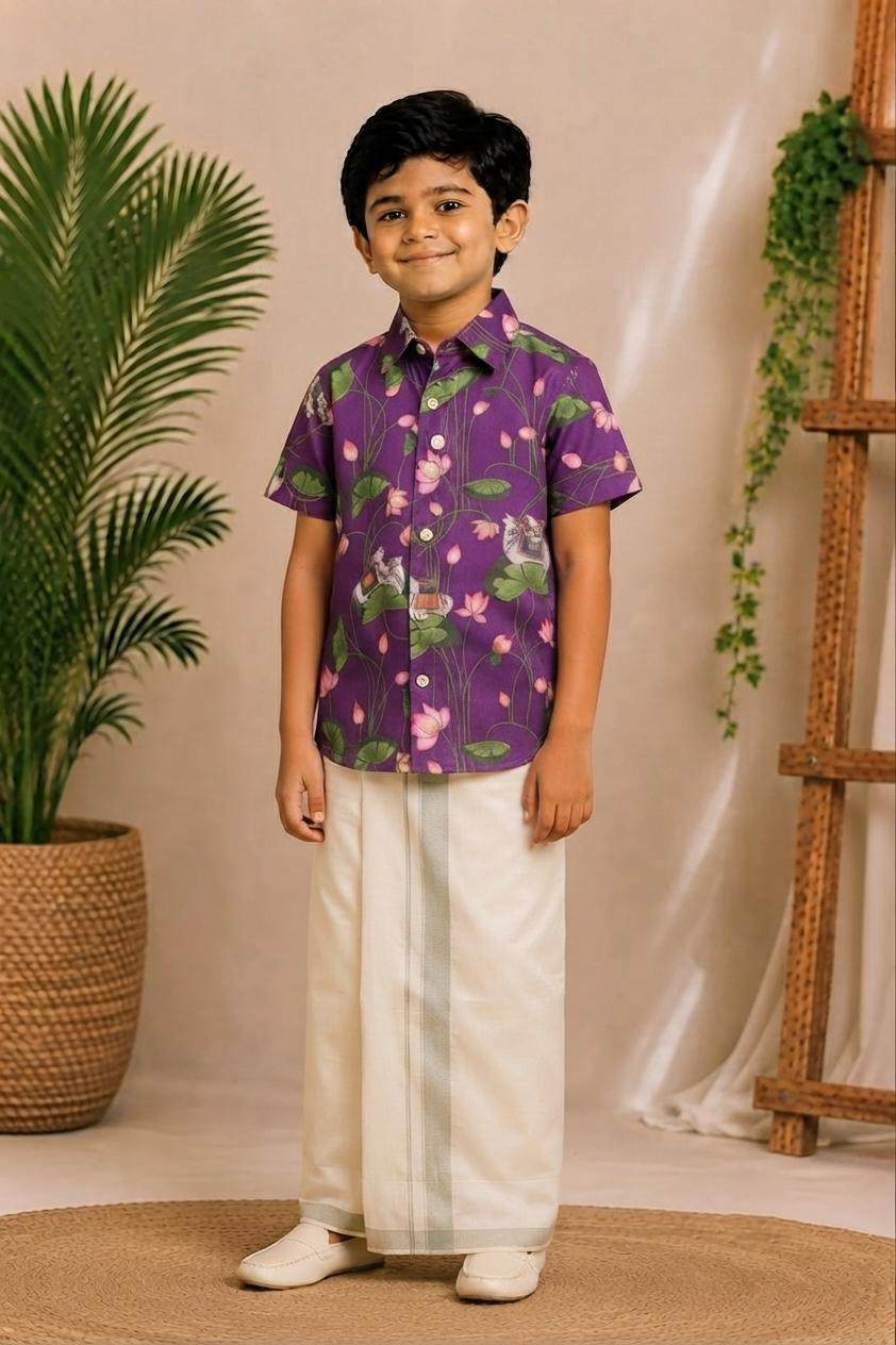 (BC012) Purple Cotton Pichwai Lotus Print Ethnic Set