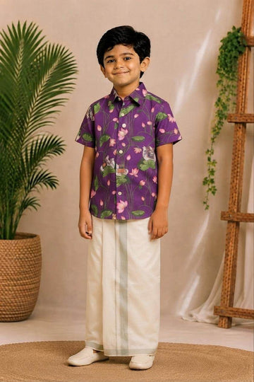 (BC012) Purple Cotton Pichwai Lotus Print Ethnic Set