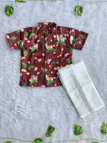 (BC013)  Maroon Cottton Pichwai Lotus Print Ethnic Set