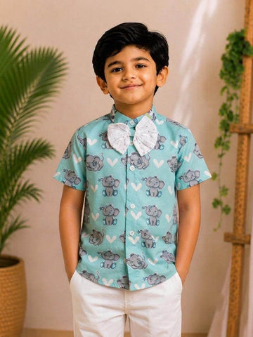 (BC014) Playful Teal Elephant-Printed Shirt with Bow Tie