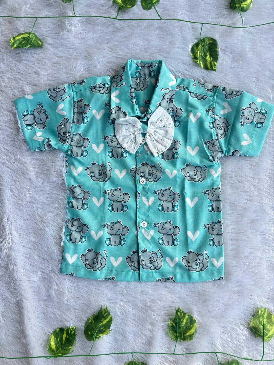 (BC014) Playful Teal Elephant-Printed Shirt with Bow Tie