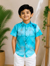 (BC015) Modern Abstract Marble Print Boy's Shirt in Aqua Blue