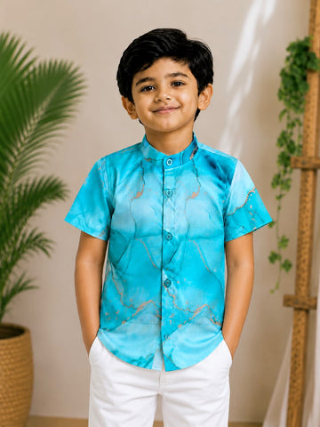 (BC015) Modern Abstract Marble Print Boy's Shirt in Aqua Blue
