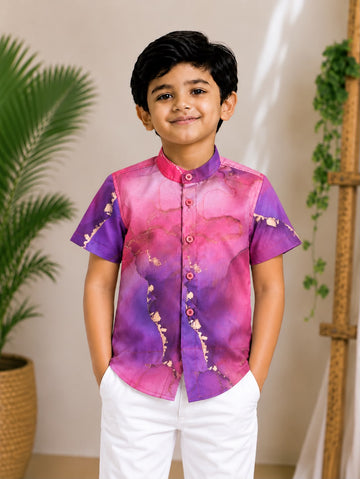 (BC016) Bold Watercolor Swirl Boy's Shirt in Deep Purple & Pink