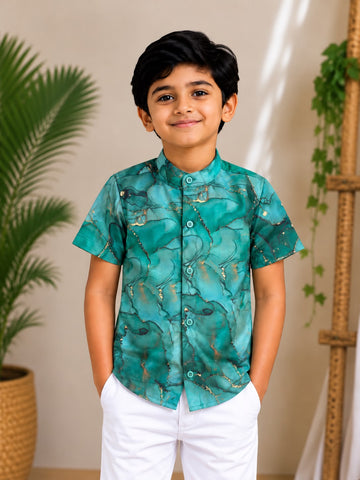 (BC018) Sophisticated Green Marble Print Boy's Shirt
