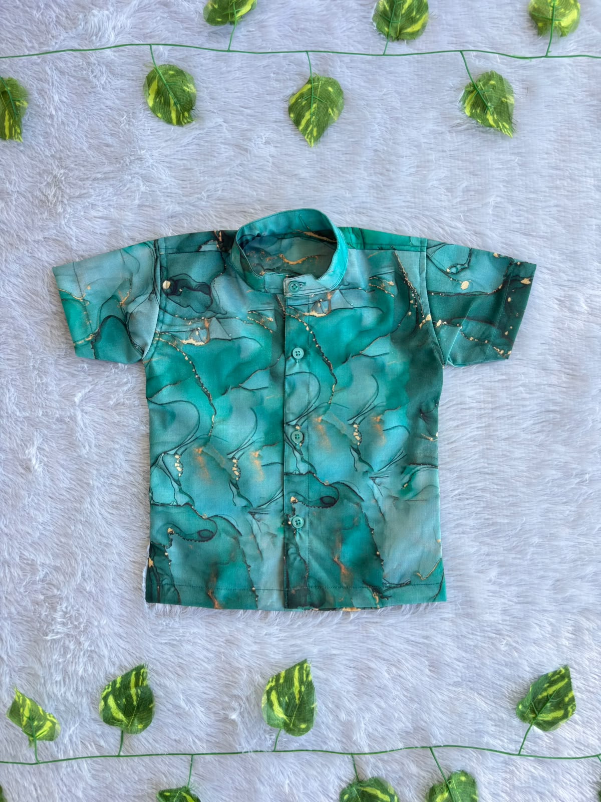 (SCC006) Elegant Emerald Green Marble-Print Frock and Matching Shirt Outfit for Kids