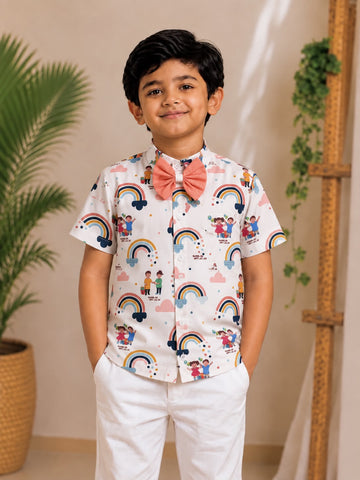 (BC019) Whimsical Rainbow and Friends Print Boy's Shirt with Peach Bow Tie