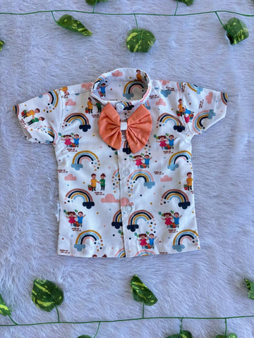 (BC019) Whimsical Rainbow and Friends Print Boy's Shirt with Peach Bow Tie