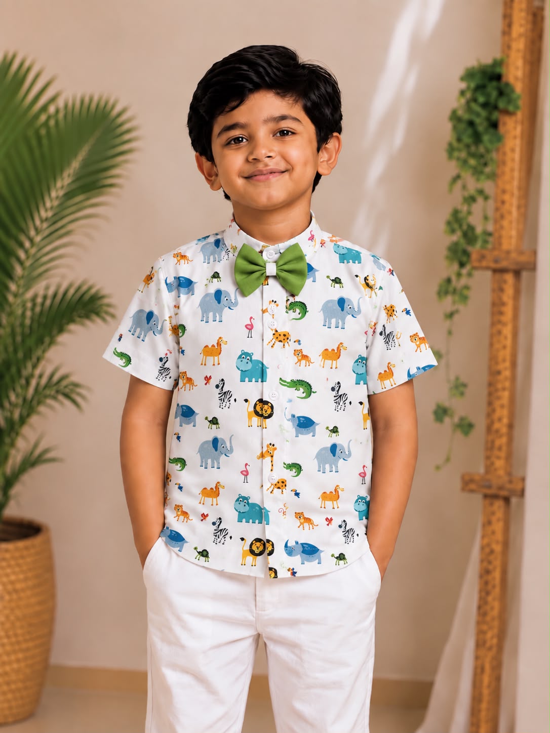 (BC020) Playful Safari Animal Print Boy's Shirt with Green Bow Tie