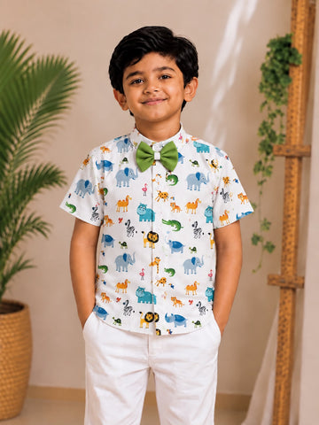 (BC020) Playful Safari Animal Print Boy's Shirt with Green Bow Tie
