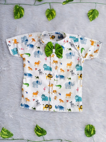 (BC020) Playful Safari Animal Print Boy's Shirt with Green Bow Tie