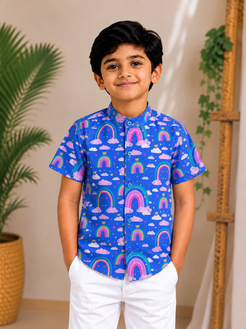 (BC022) Whimsical Rainbow and Cloud Print Casual Shirt for Kids