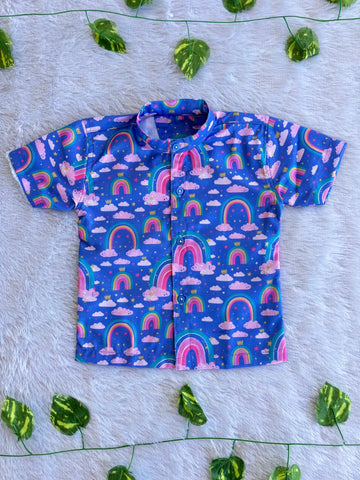 (BC022) Whimsical Rainbow and Cloud Print Casual Shirt for Kids