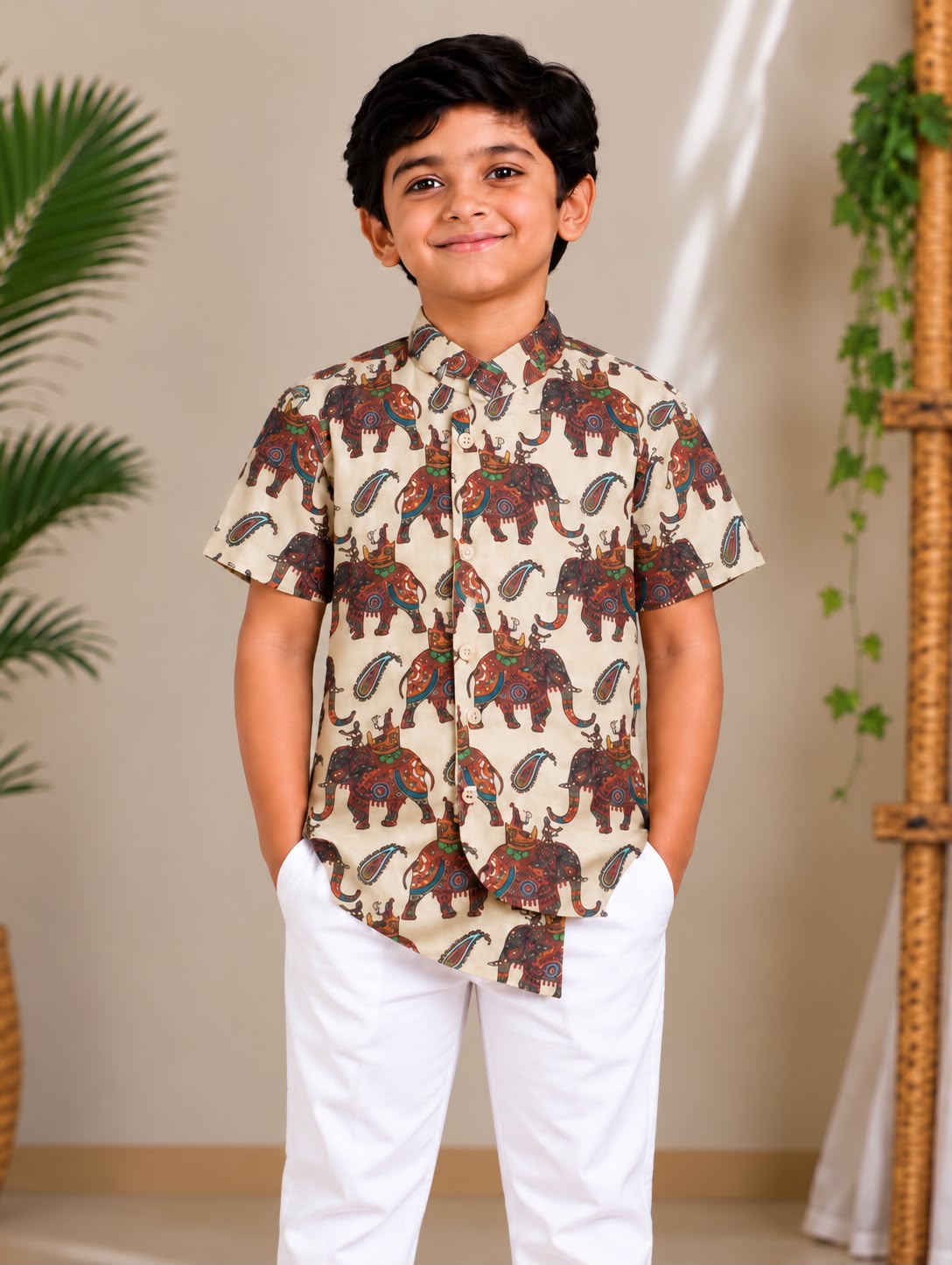 (BC023) Traditional Royal Elephant Print Boys' Shirt