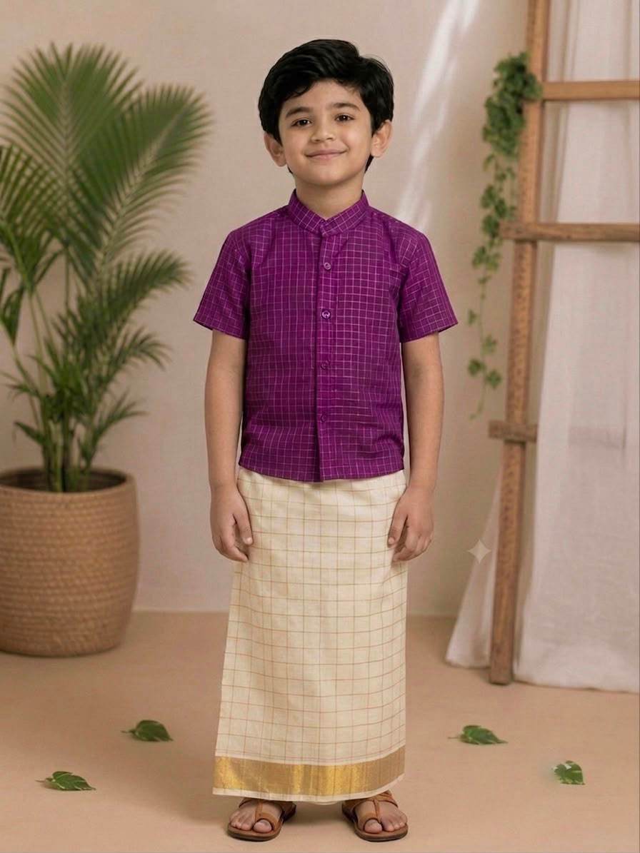 (BE003)  Maragadham Traditional Boys' Festive Shirt and Dhoti Set